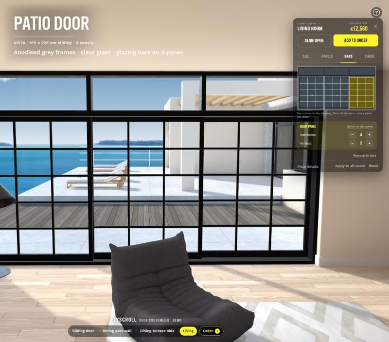 The door demo: a three-panel patio door with glazing bars on every pane, the bars drawing open in the configurator and an estimate of 12,680 euros