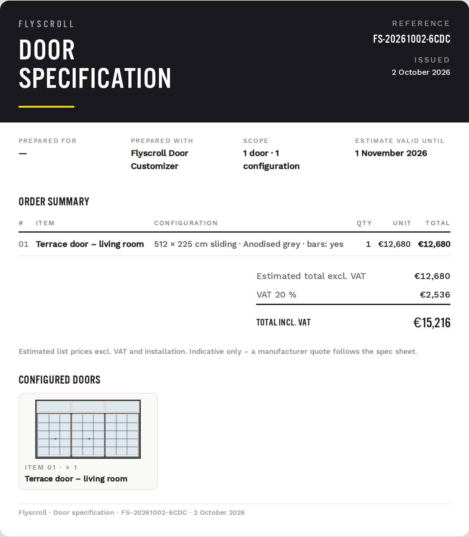 Page one of a door specification from the demo: reference FS-20261002-6CDC, an order summary for a 512 by 225 cm terrace door with glazing bars, the estimate with VAT, and a drawing of the configured door