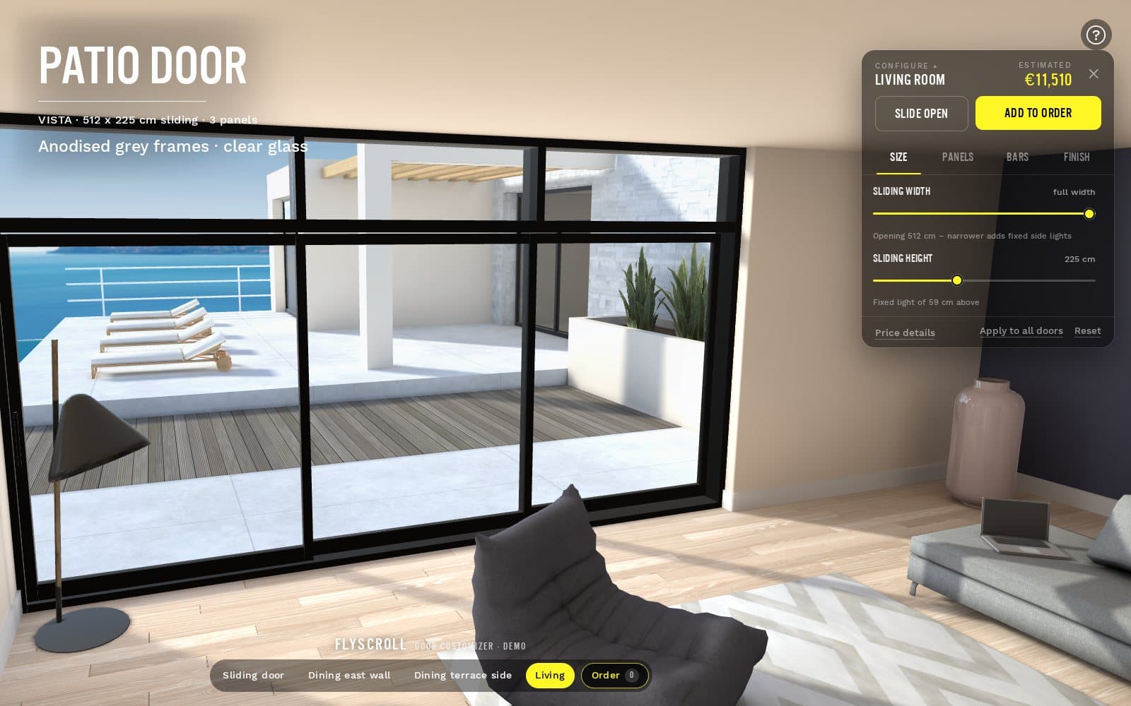 The door demo with a patio door open in the configurator: size sliders, panels, glazing bars and an estimate